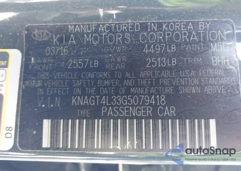 2016 Kia Optima Lx z USA, uszkodzony, nr VIN KNAGT4L33G5079418